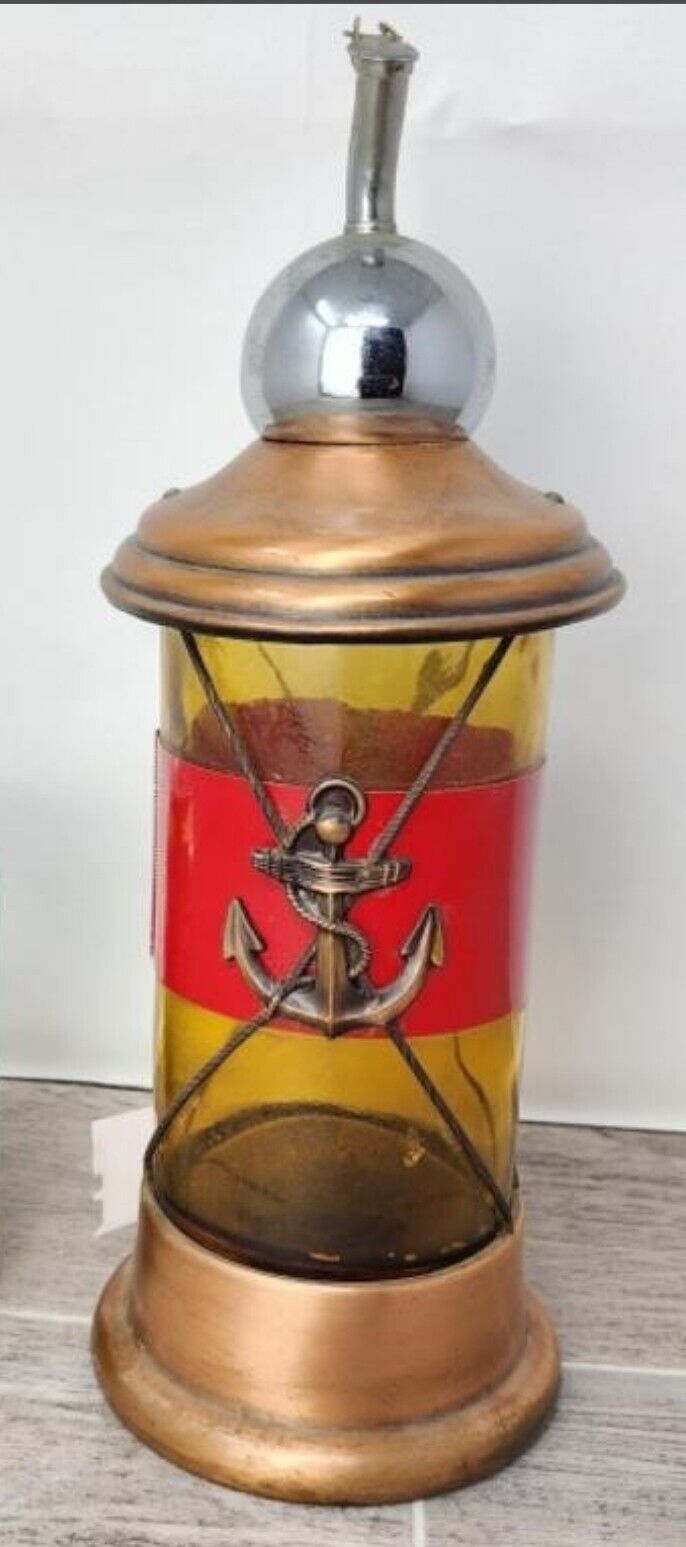 Vintage Nautical Lantern Liquor Decanter Chrome Spout & Amber Glass Anchor Logo