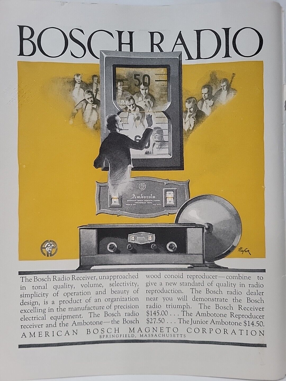 Bosch Radio 1925 Print Ad Colliers American Bosch Magneto Corporation Conductor