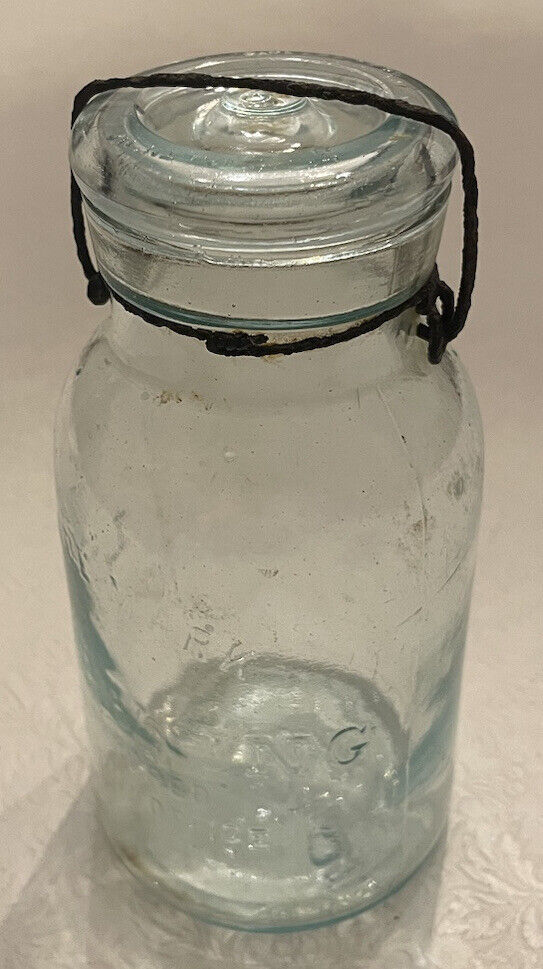 Vintage Putnam Lightning #852 Quart Aqua Fruit Jam Canning Jar Glass
