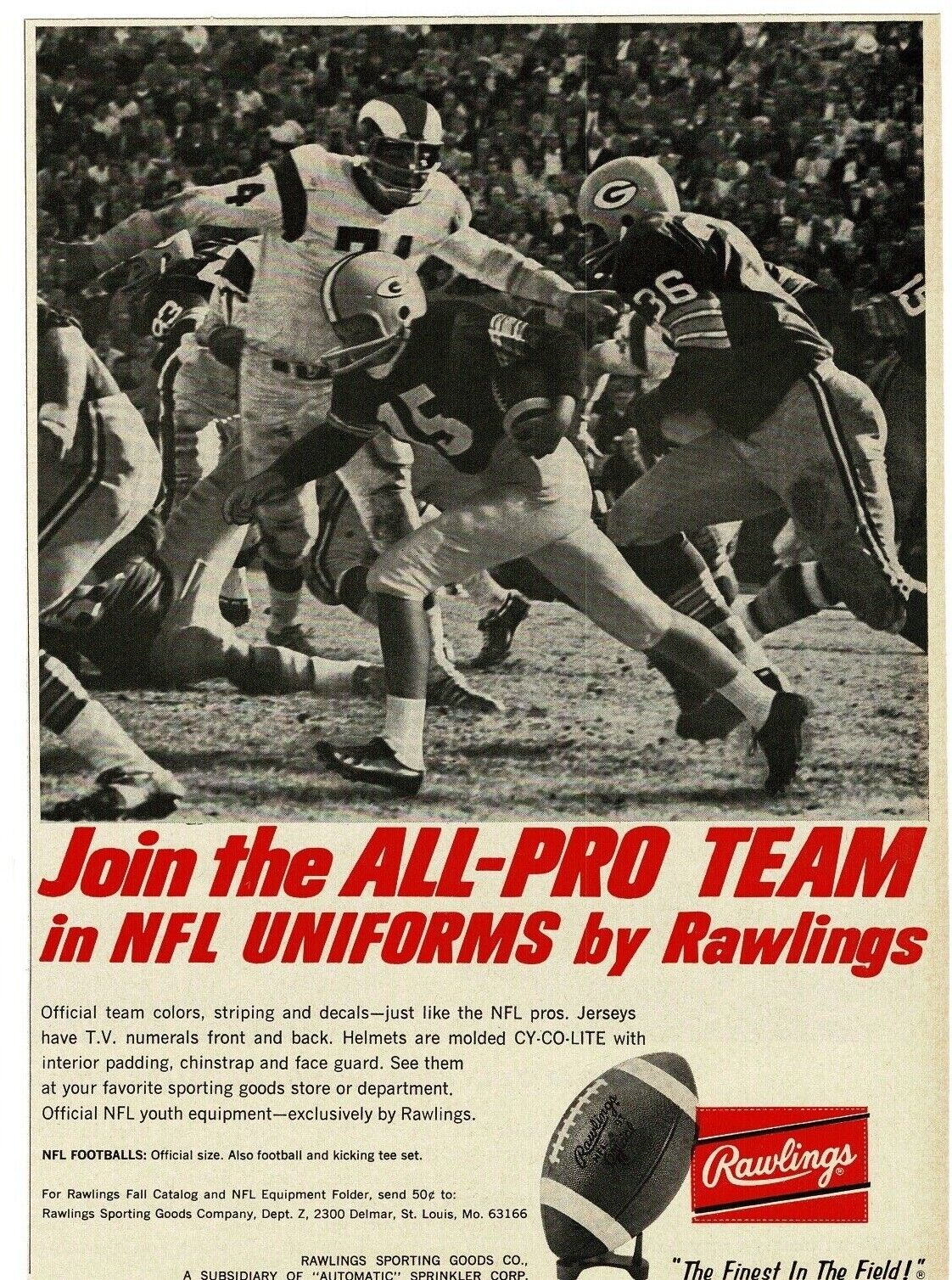 1968 RAWLINGS NFL Uniforms Packers Bart Starr Rams Merlin Olsen Vintage Print Ad