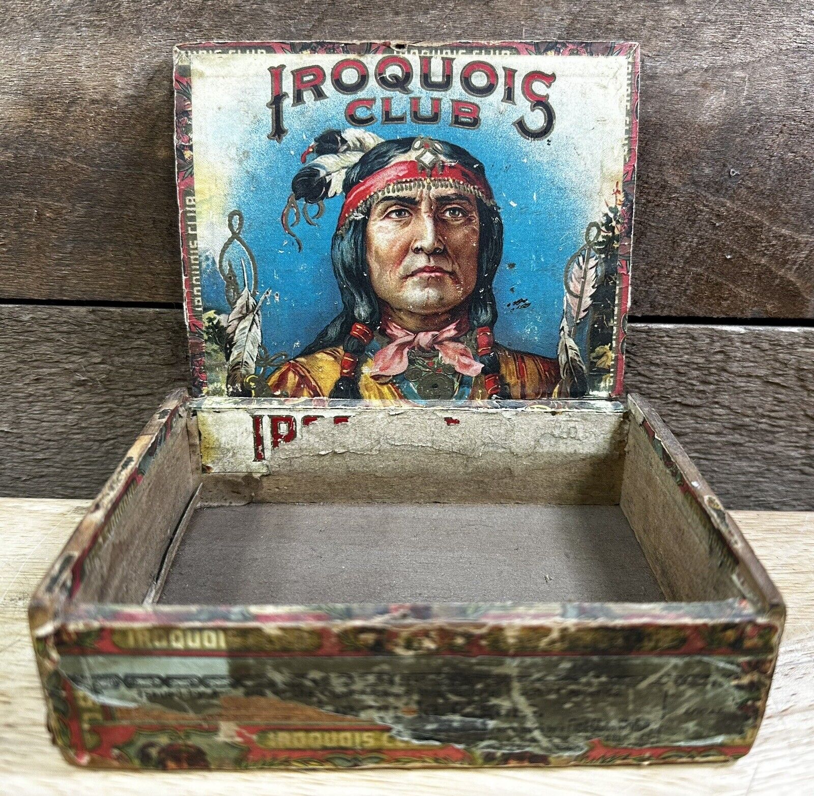 Antique “Iroquois Club” Native American Indian Chief Cigar Box