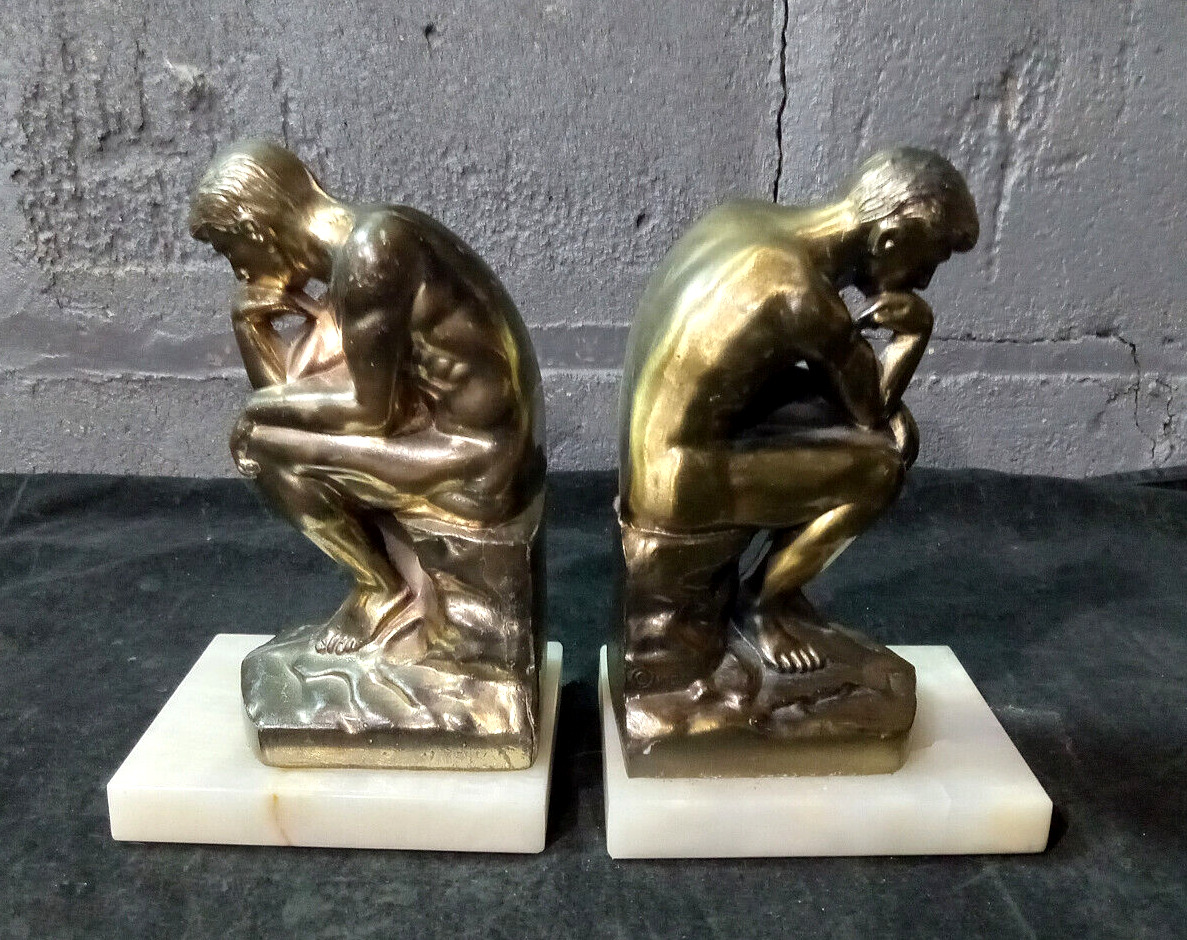 1928 Rodin Statue The Thinker Thinking Man Brass & Marble Base Bookends