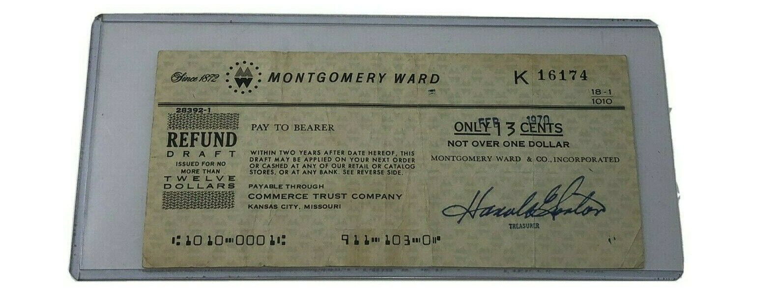 Vintage 1970 Montgomery Ward Mail Order Refund Check 13 Cents
