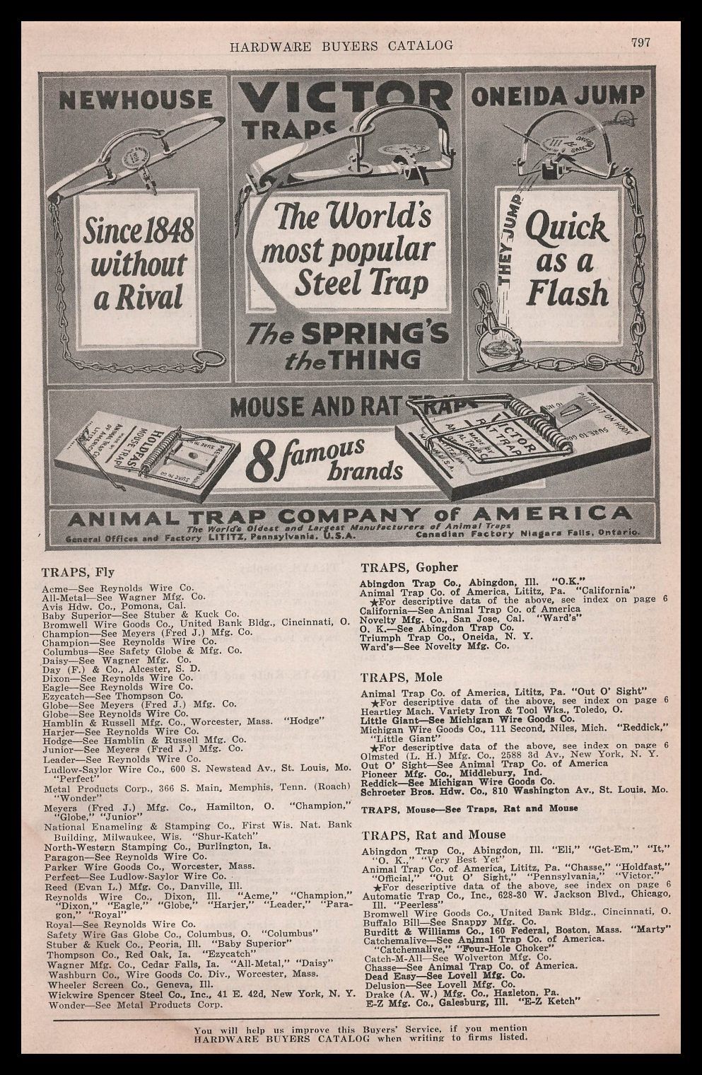 1928 Animal Trap Lititz Pennsylvania Victor Newhouse Oneida Jump Traps Print Ad
