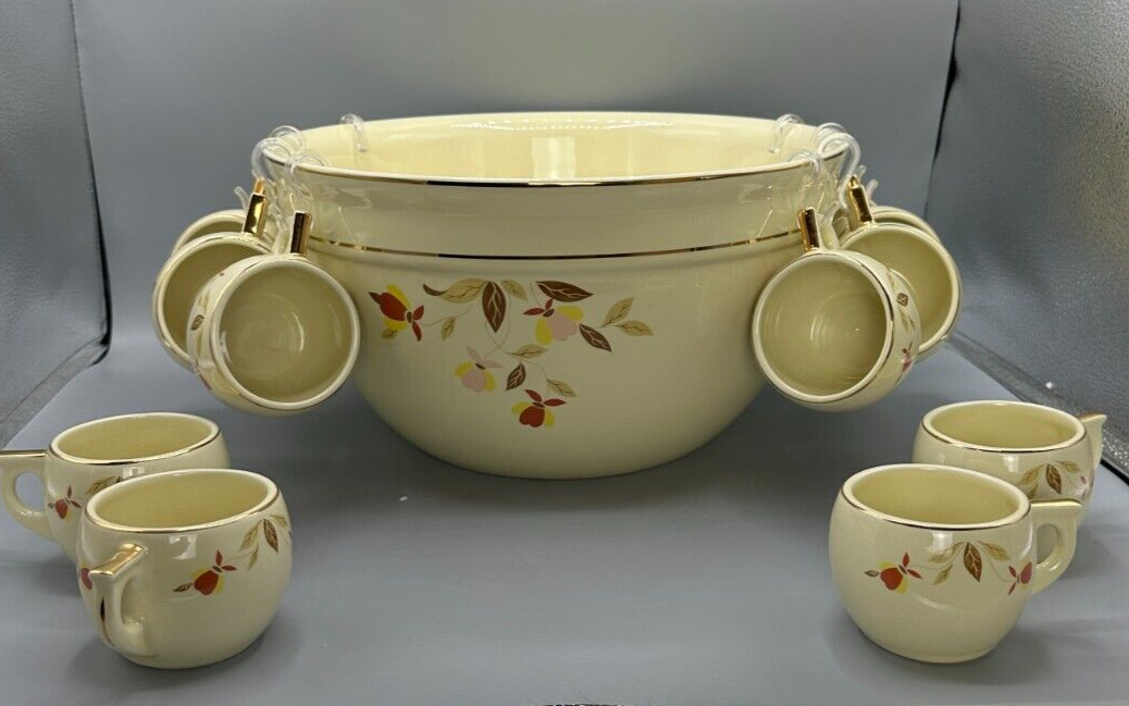 1993 Hall Jewel Tea Company Autumn Leaf Punch Bowl and 12 Cups Collectors Club