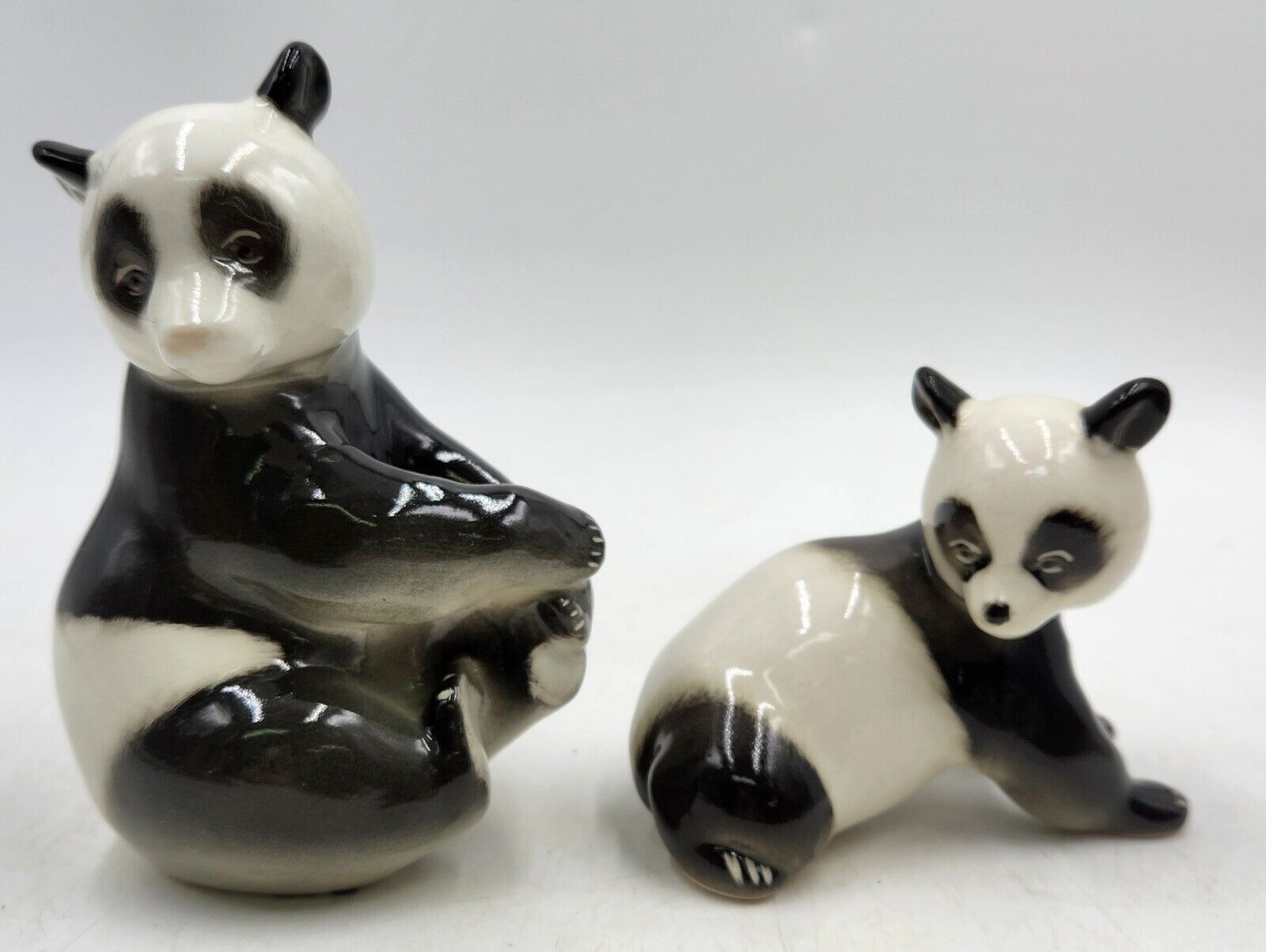 2 Vintage Lomonosov Mother & Baby Panda Bear Porcelain Figurines LVZ USSR 50's