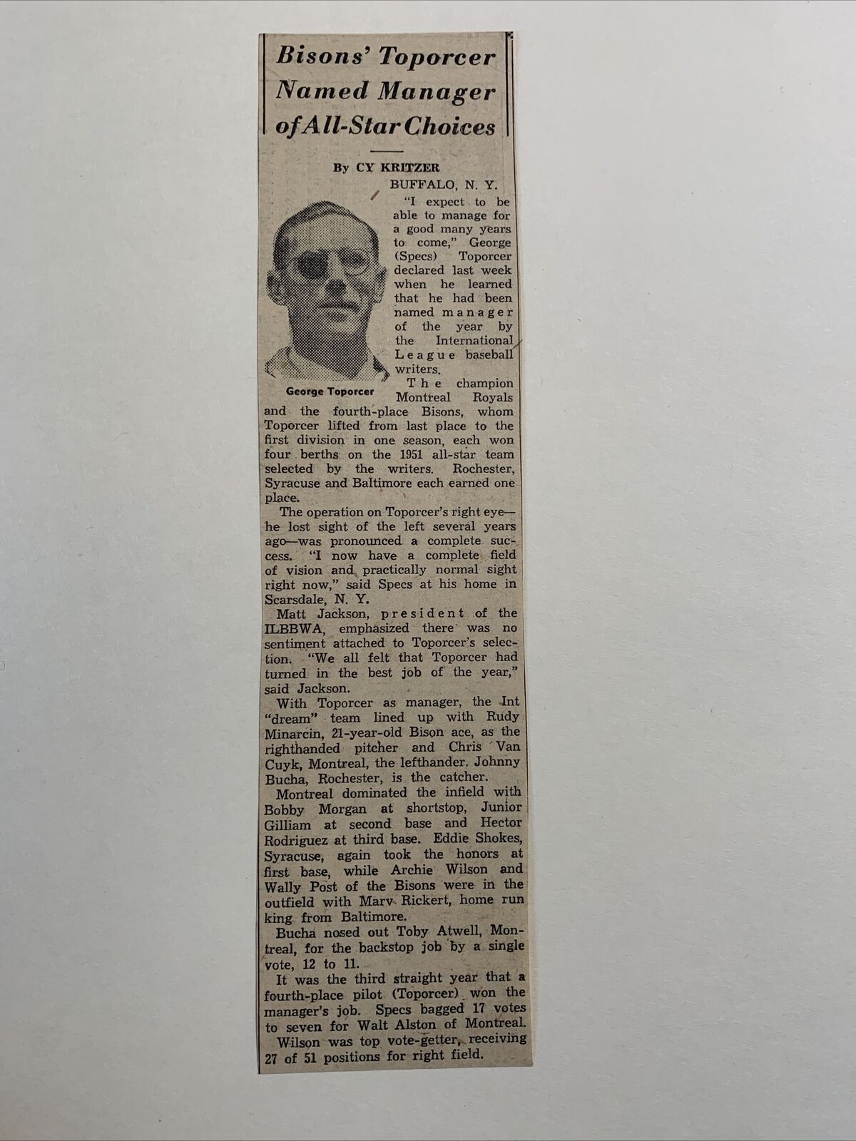 George Toporcer Buffalo Bisons 1951 Sporting News Baseball 2X8 Panel