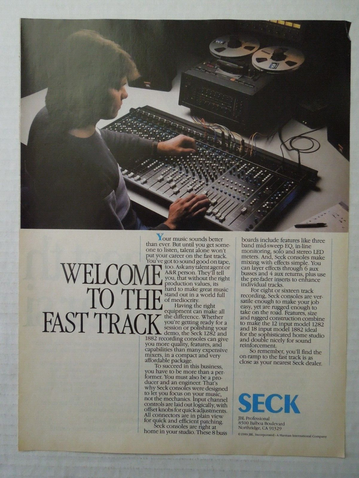 1989 JBL PROFESSIONAL Seck 1282 & 1882 Recording Consoles Magazine Ad