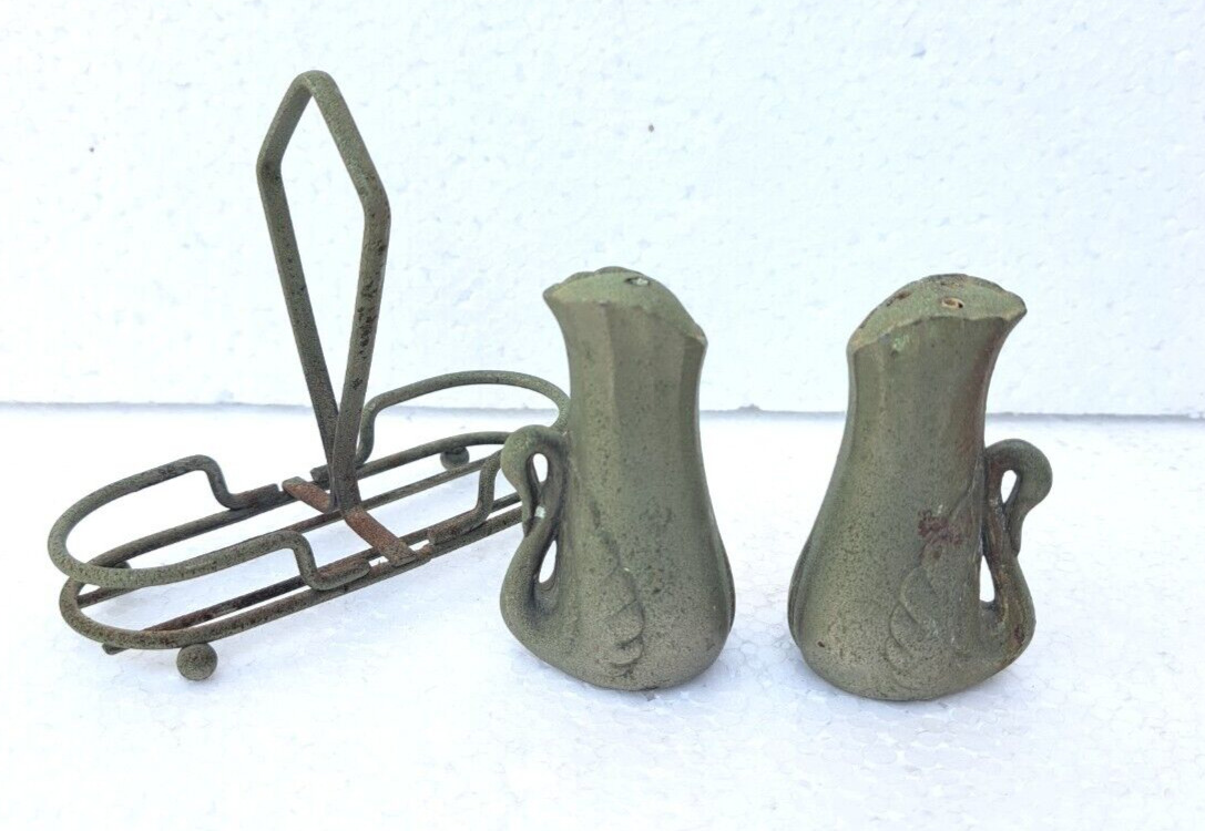 Vintage alto set of Antique Brass salt & pepper shakers with stand made of brass