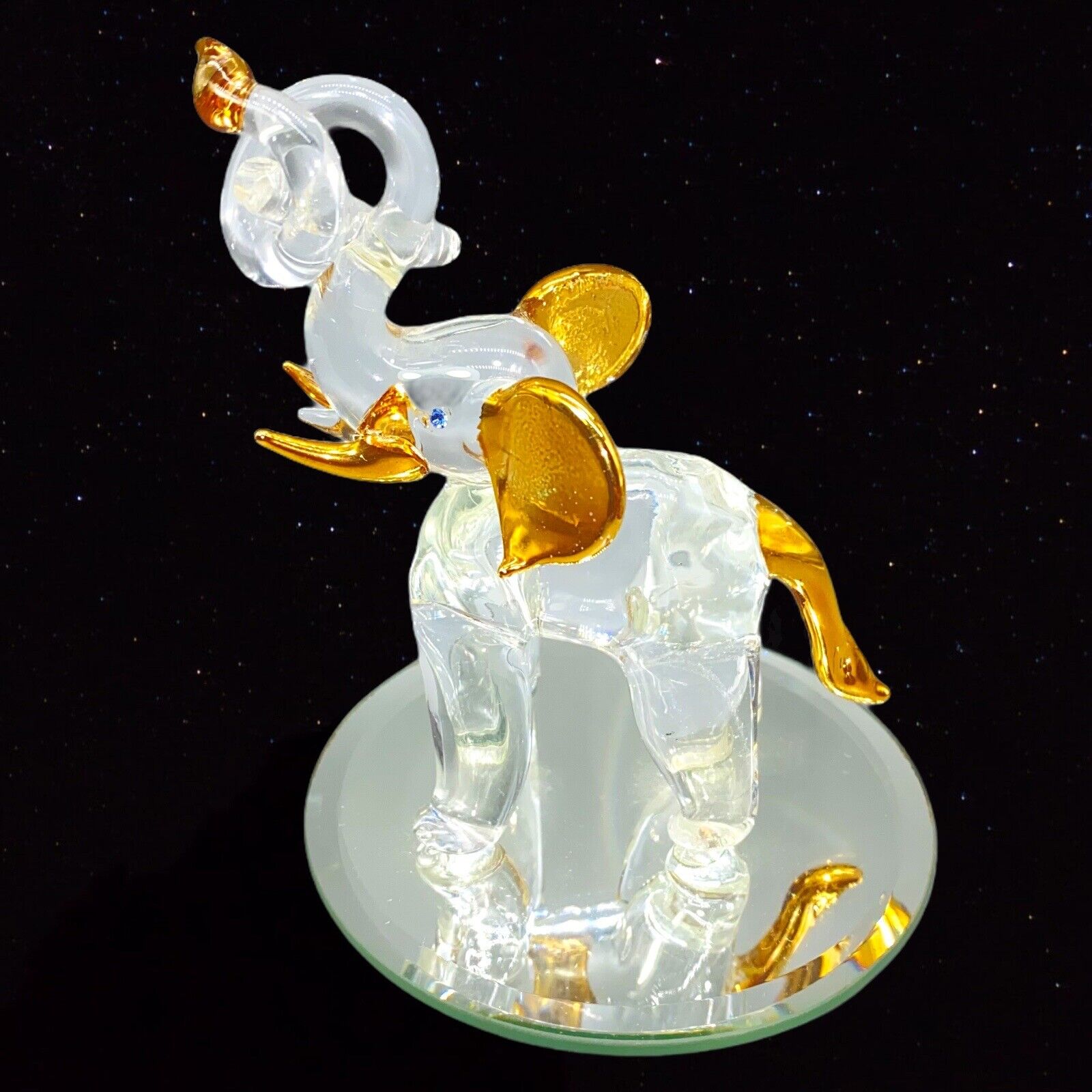 Vintage Murano Style Elephant Figurine Art Glass Lucky Holding Gold Clear 4”T