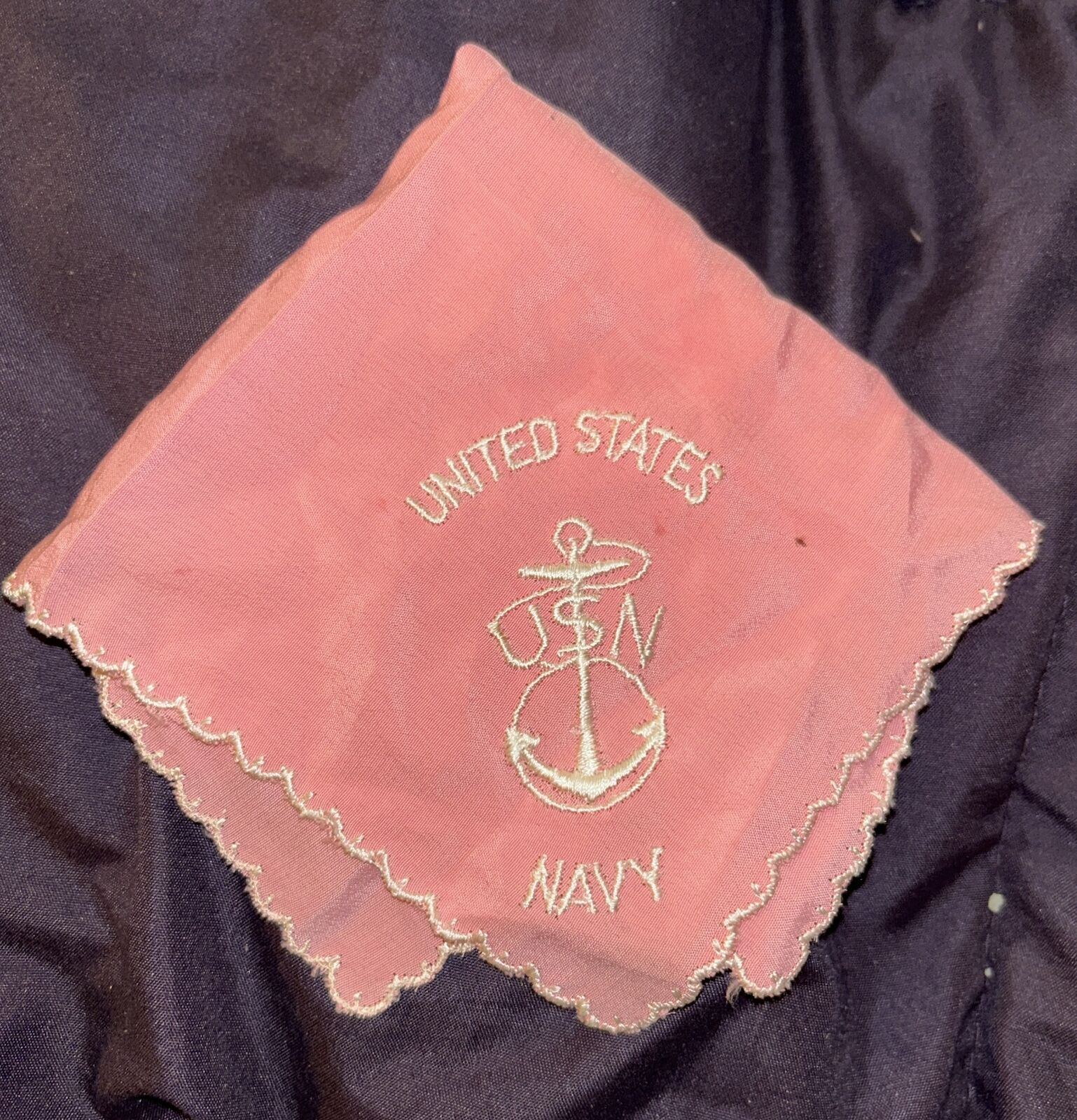 United States USN Navy handkerchief embroidered anchor pink Navy Vintage