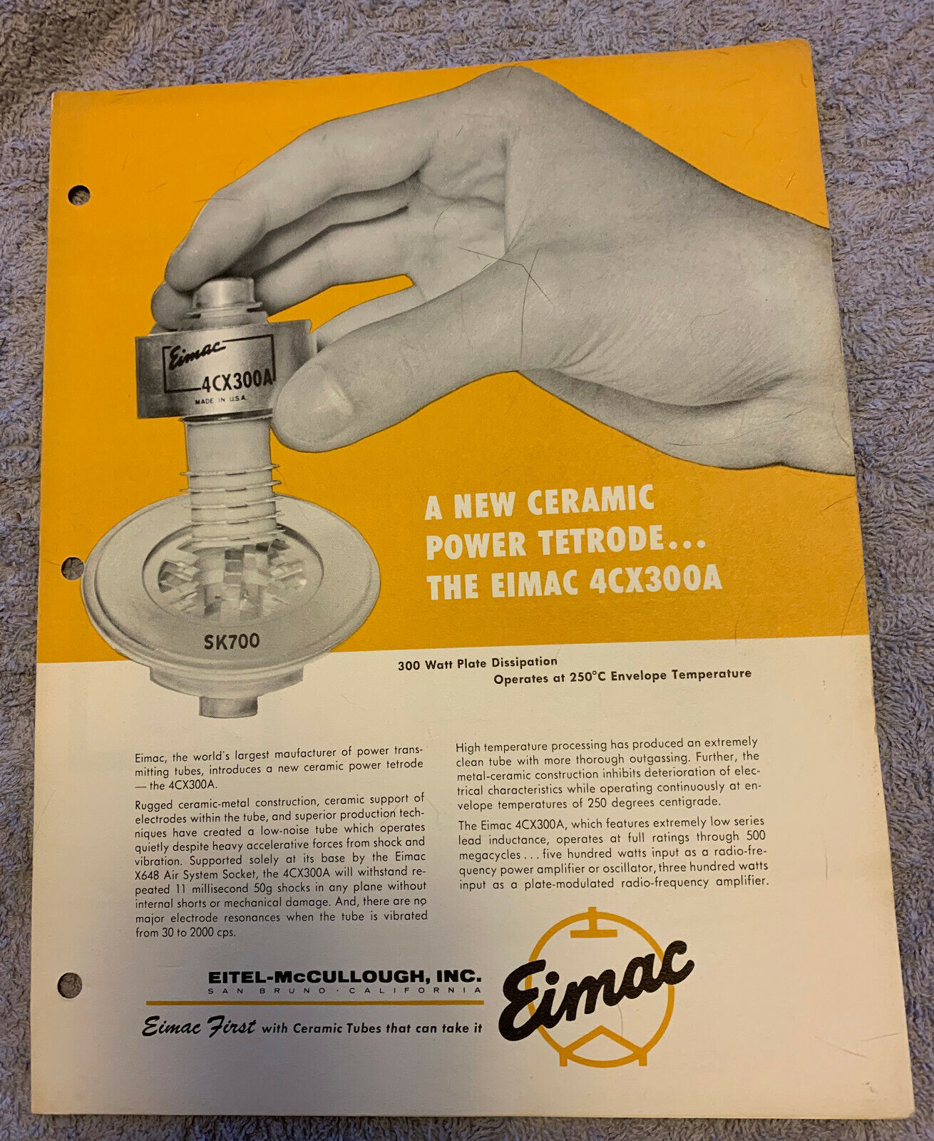 Eitel-McCullough Eimac 4CX300A Ceramic Power Tetrode Tube New Product Brochure