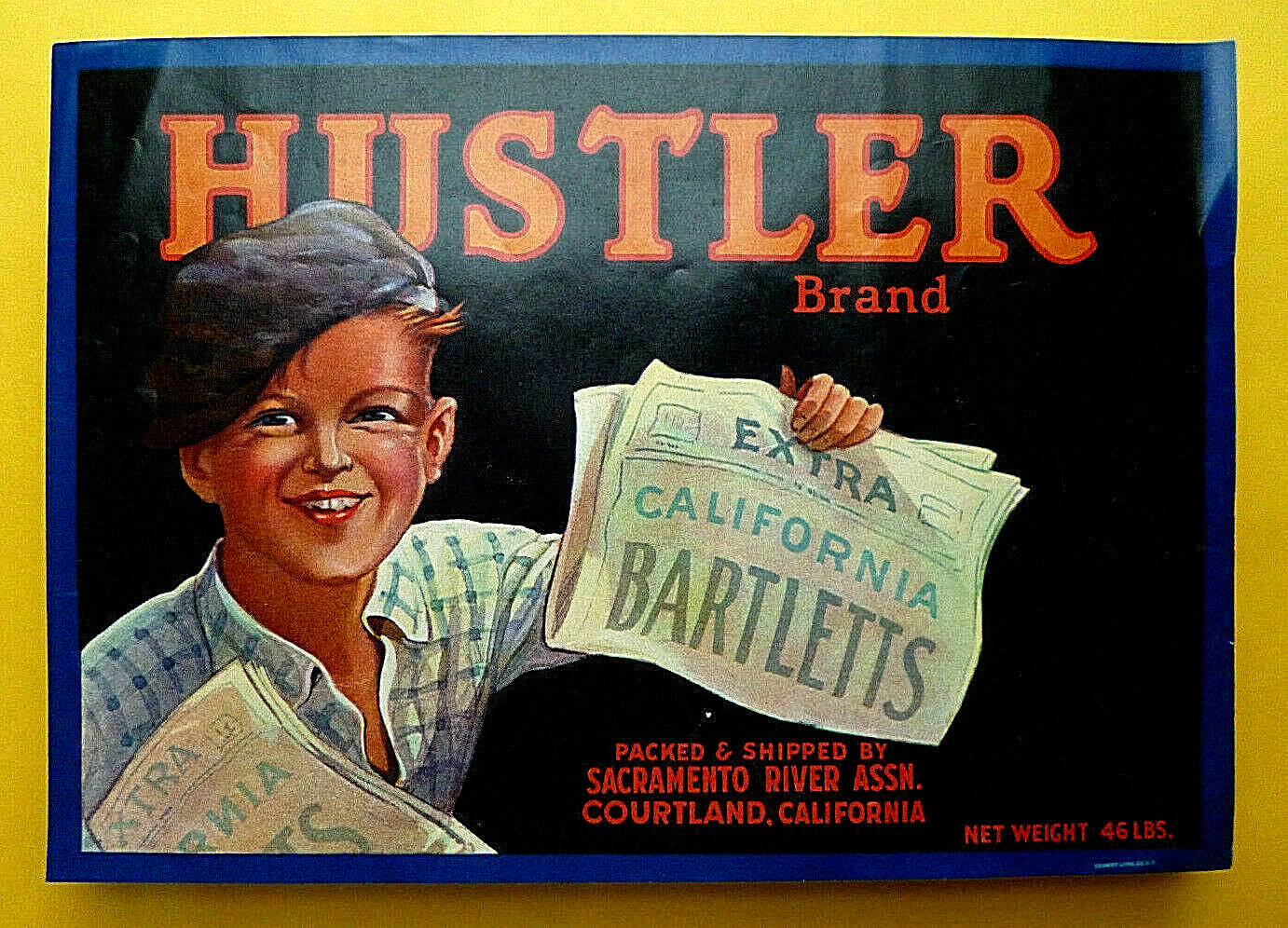Orig. late 1930\'s \'\'Hustler brand California Bartletts Pears\'\' fruit crate label