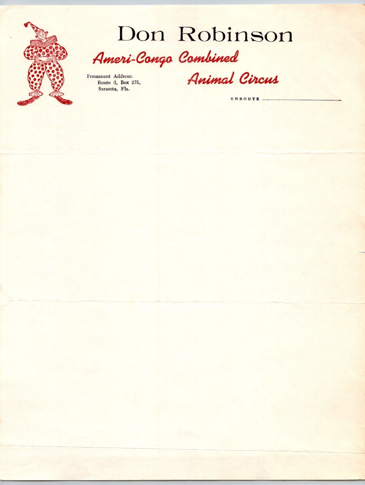 Don Robinson Ameri-Congo Combined Animal Circus Letterhead c1957 Clown Scarce