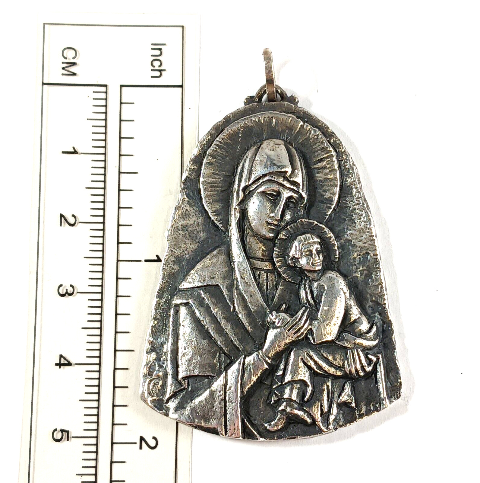 VTG Sterling Silver Religious Medal Pendant Mary Jesus Child ~  Large Italy
