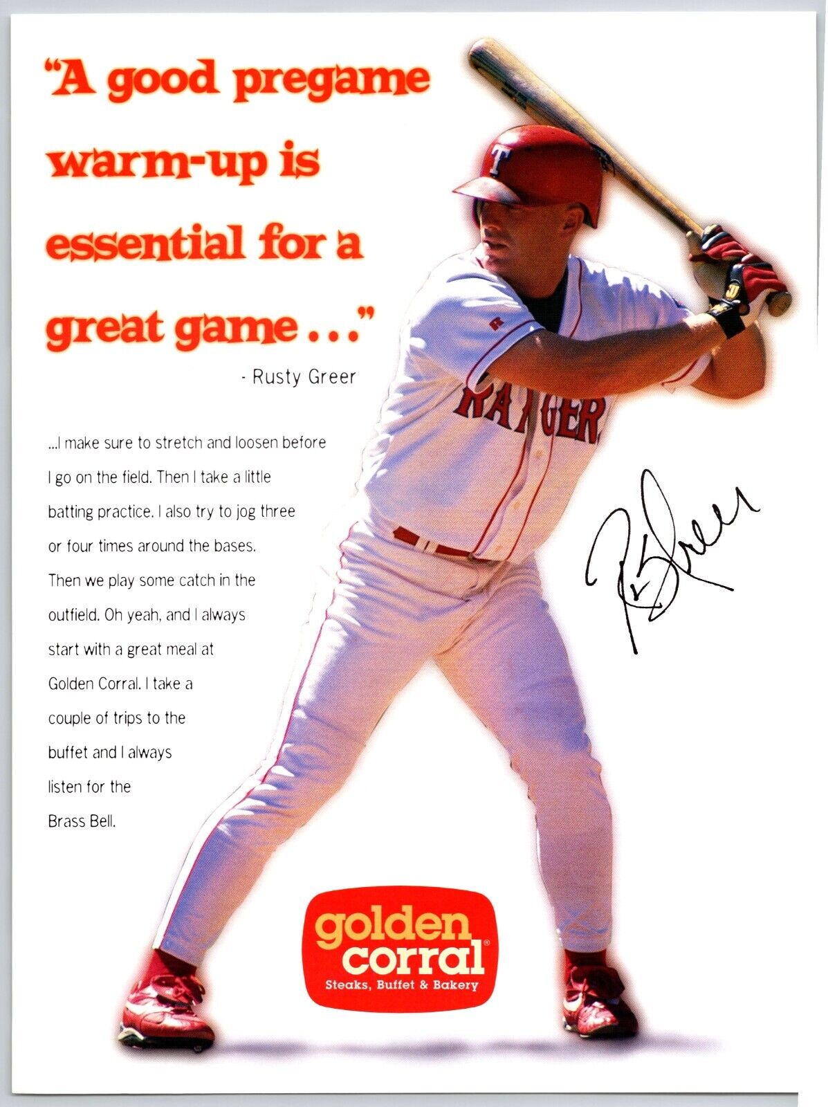 Texas Rangers Baseball Rusty Greer Golden Corral Advertisement 1998 8x10 Print