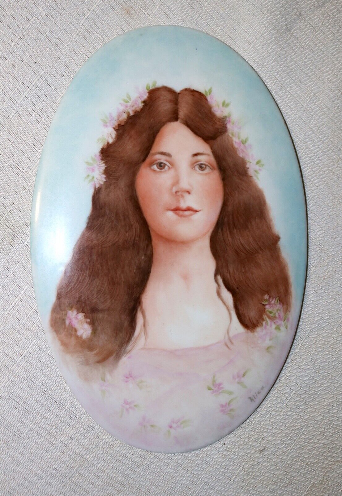 LARGE antique 19th century hand painted porcelain lady portrait painting figural