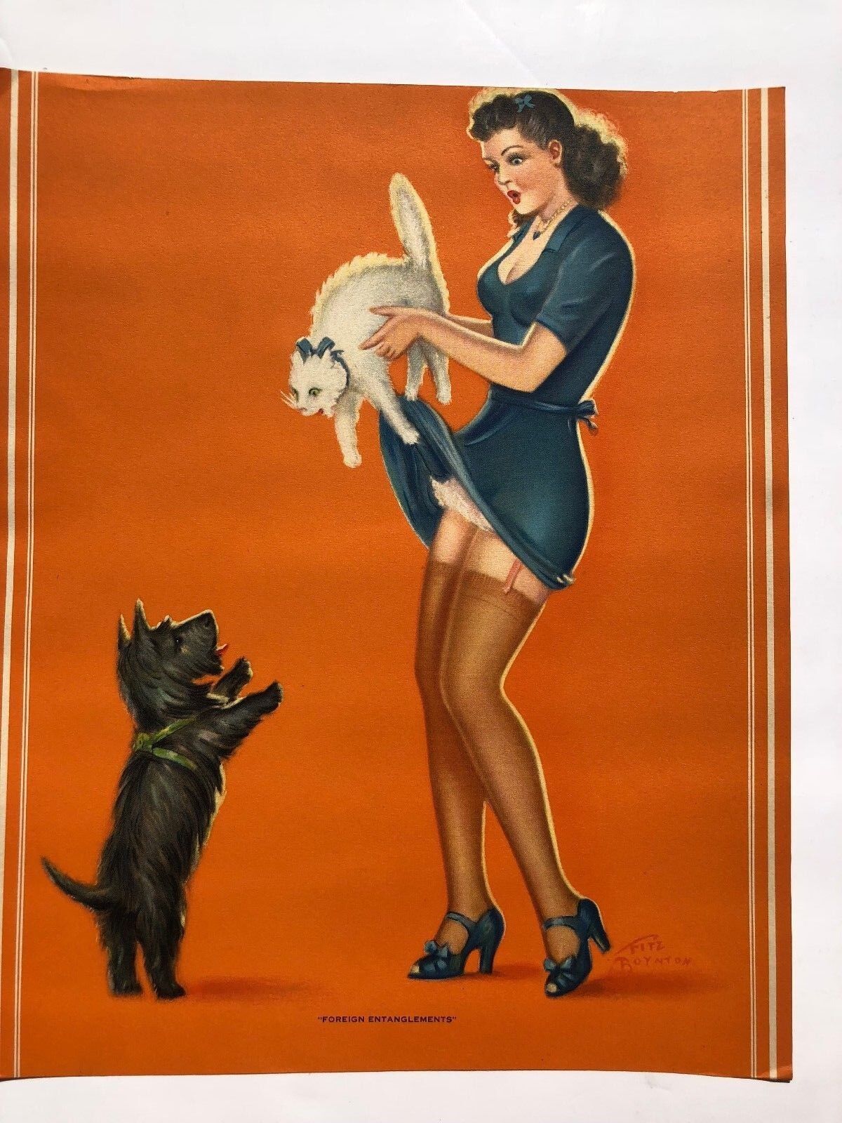 1940s Pinup Girl Picture Cat on Brunette Lifting Dress by Fitz Boynton