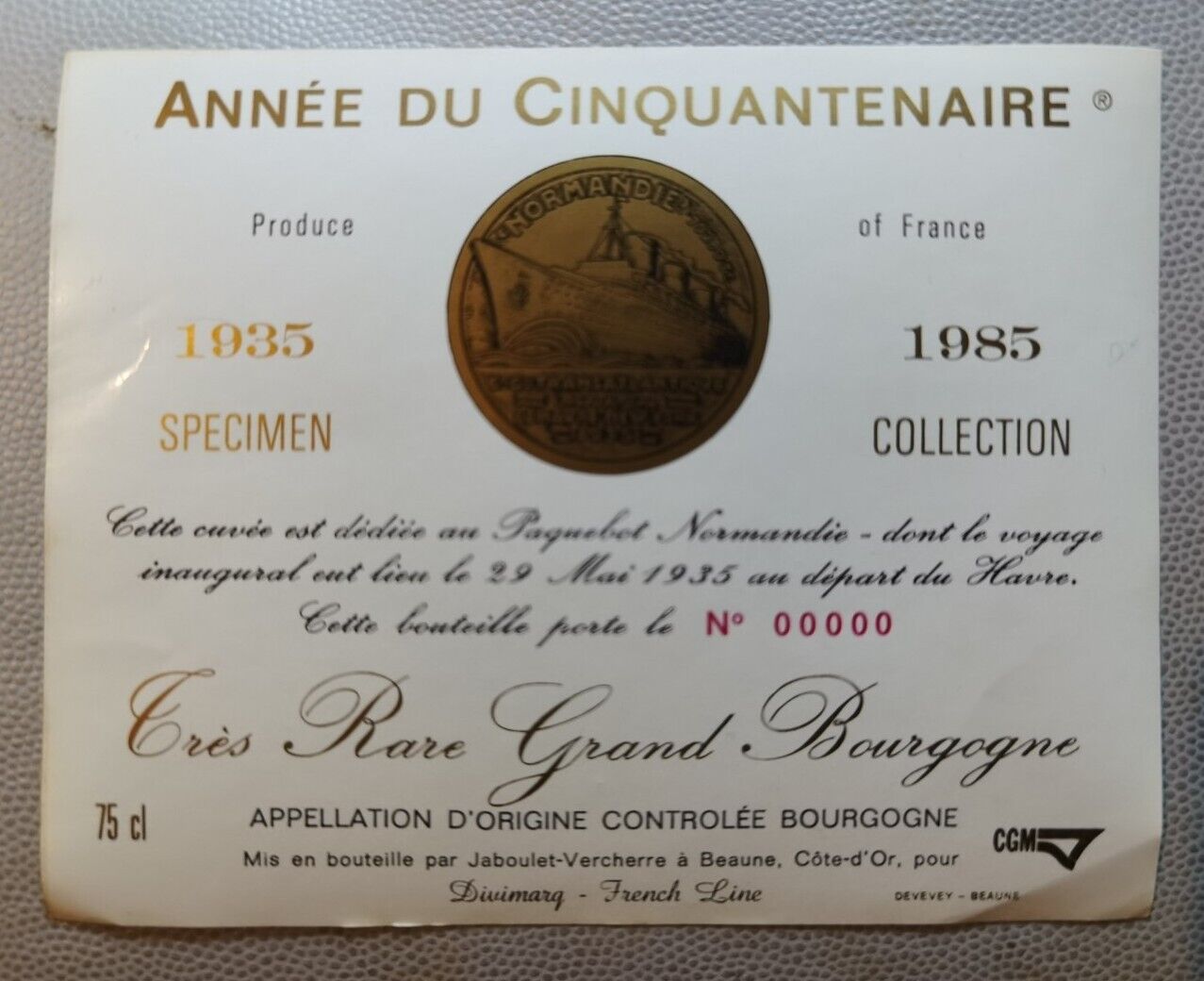 liner NORMANDY - wine label BOURGOGNE FIFTENAIRE 1985 FRENCH LINE 