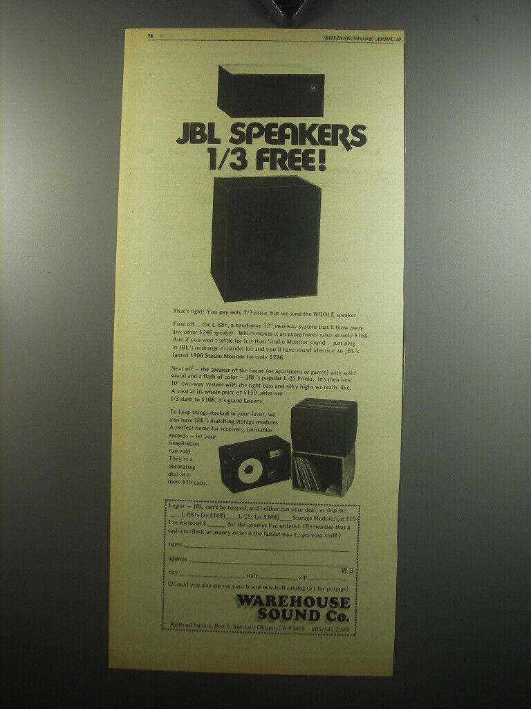 1975 Warehouse Sound Co. L-88 and L-25 JBL Speakers Advertisement