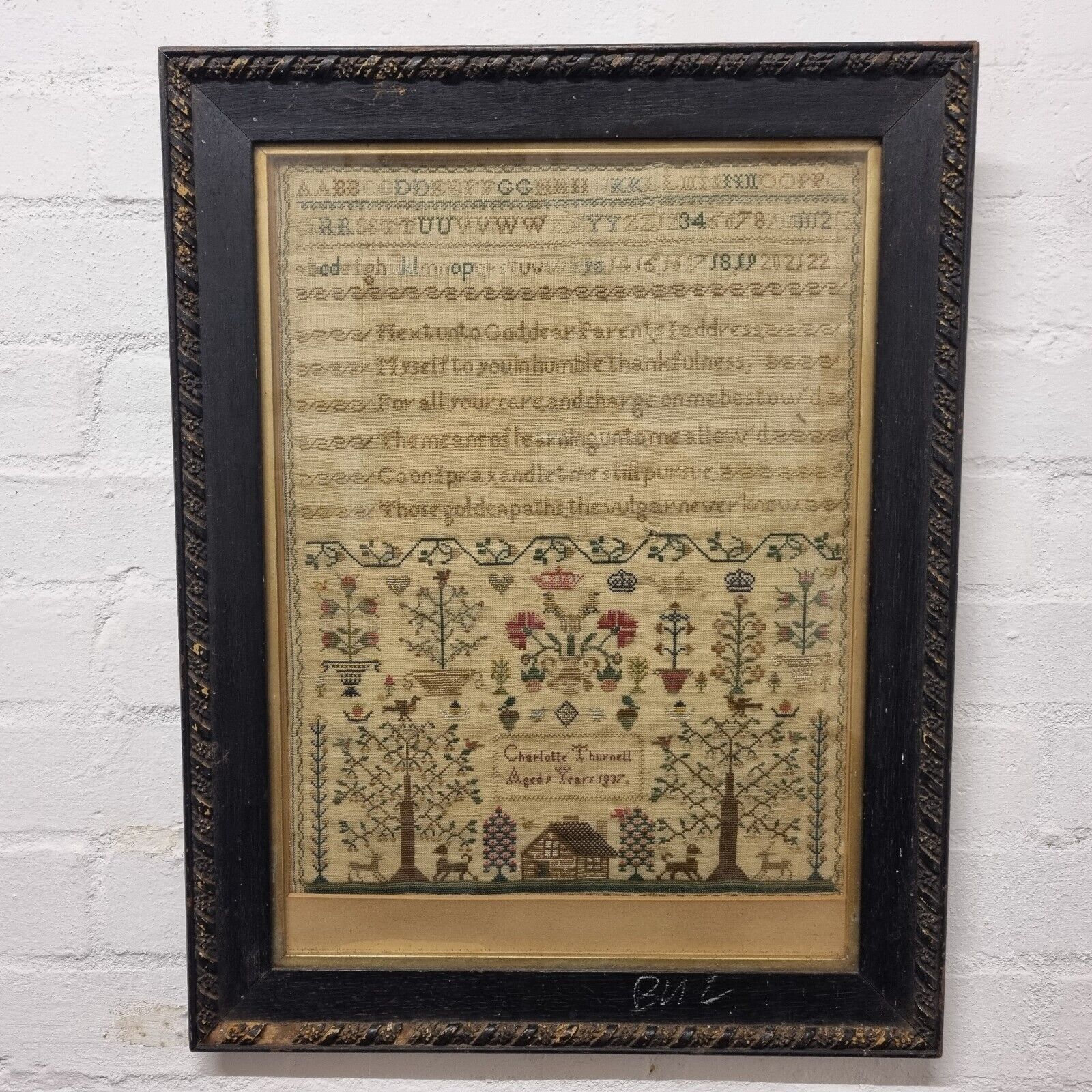 Antique William IV Needlework Sampler By Charlotte Thurnell 1837 With House