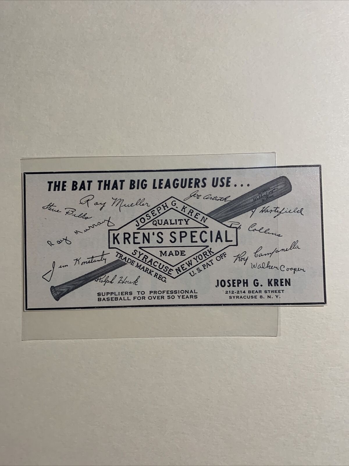 Kren’s Special Baseball Bats Ray Mueller Walker Cooper S. Bilko 1953 Baseball Ad