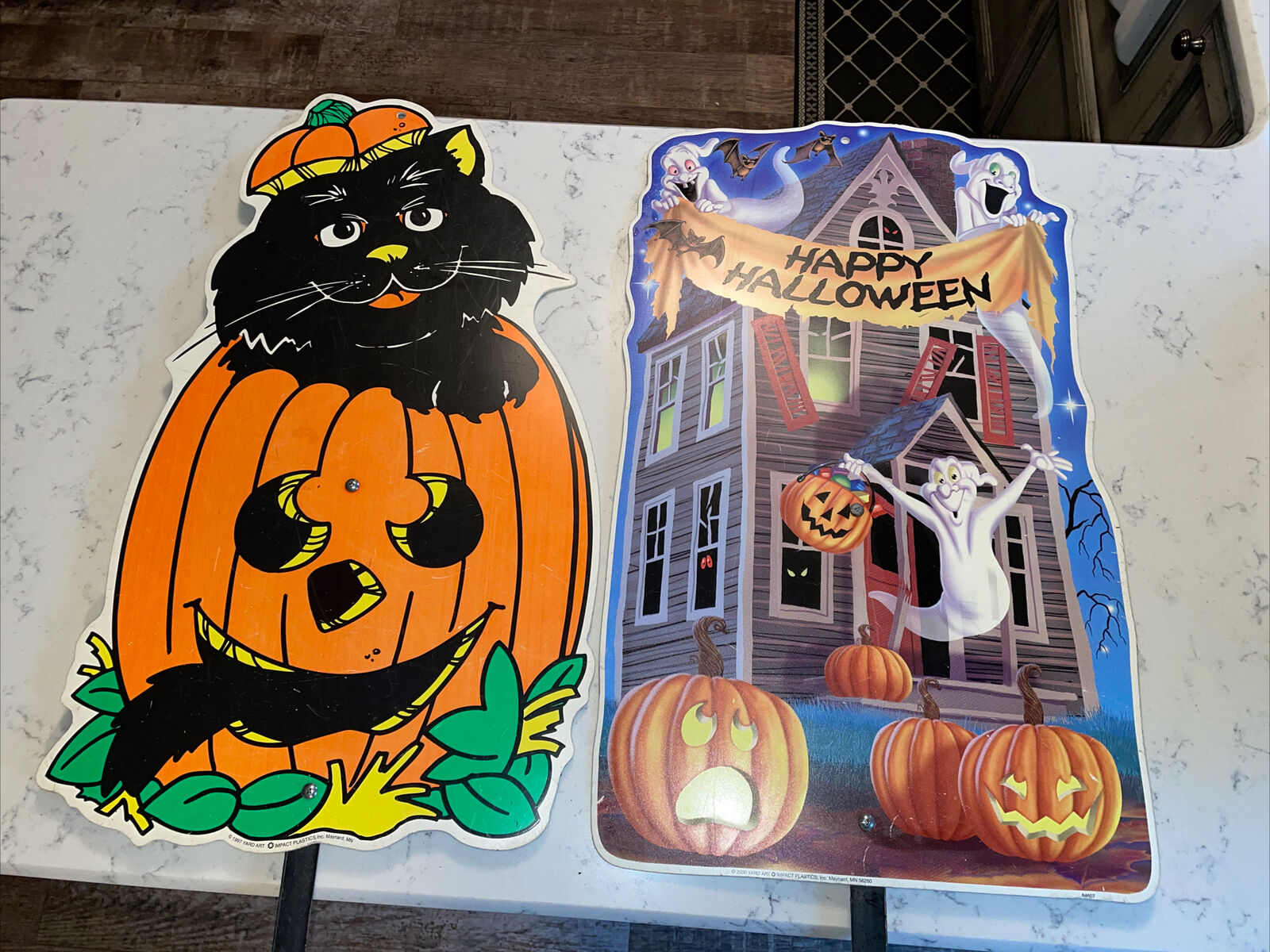 Two 1997 Black Cat Pumpkin & House Halloween Signs Yard Art Impact Plastics 26”