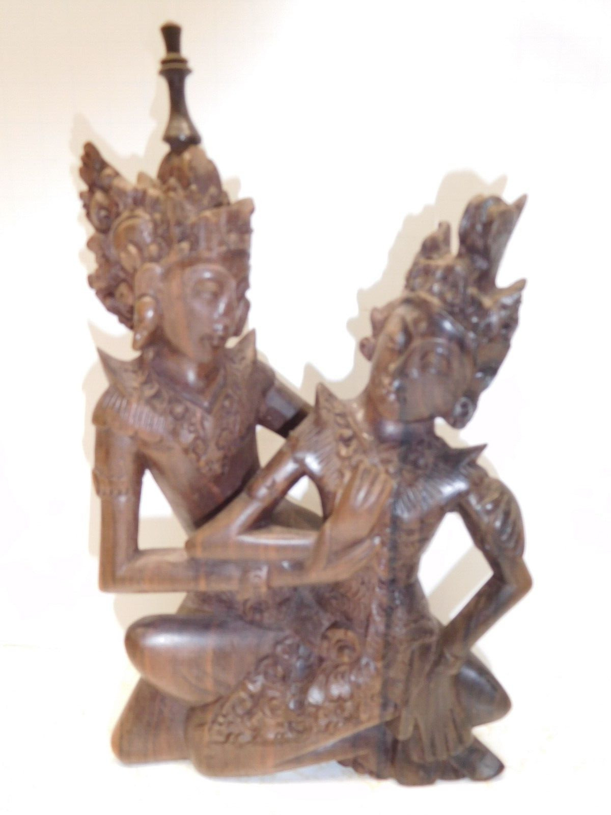 Vintage Balinese 9 Inch Heavy Carved Wood 2 Ornate Detailed Beautiful Goddesses