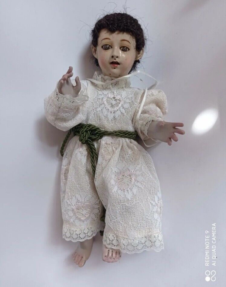 Beautiful Rare Vintage chalk nativity baby Jesus figure Glass Eyes Real Hair 33i