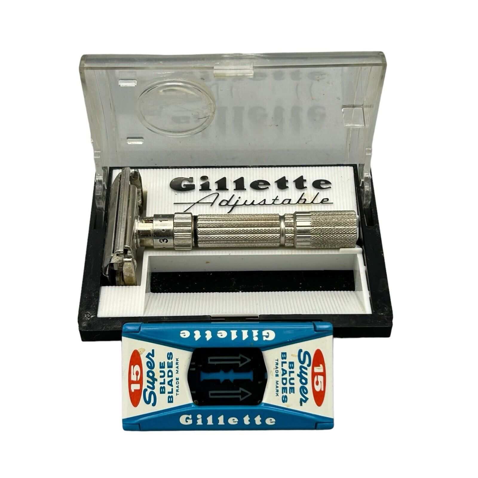Vintage Gillette Slim Adjustable Safety Razor J2 with Razors & Case Ships Quick
