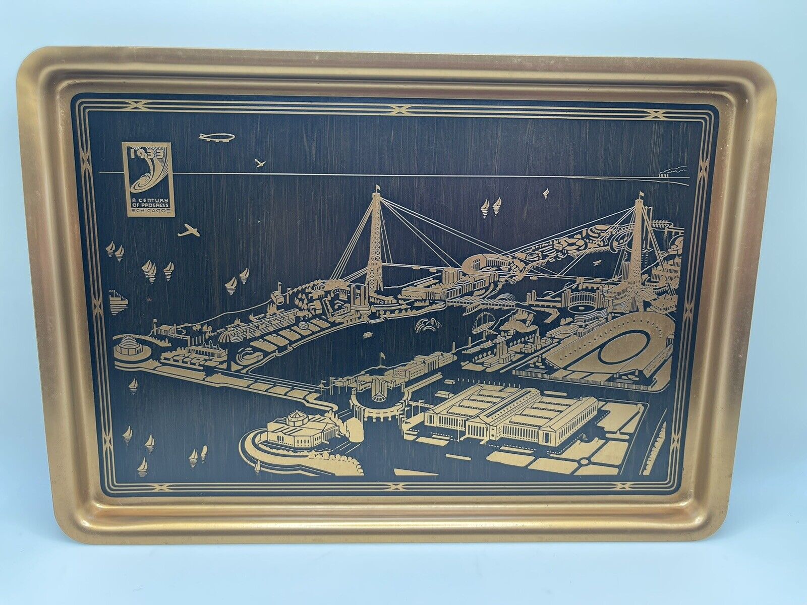 Vintage 1933 Chicago World’s Fair A Century Of Progress Copper Tray Original Box