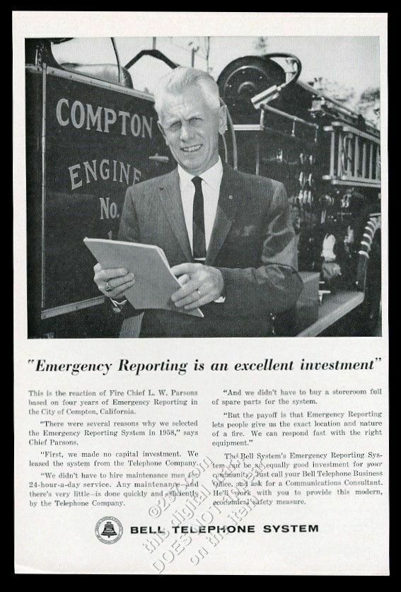 1962 Compton California fire engine truck & Chief photo Bell Telephone print ad