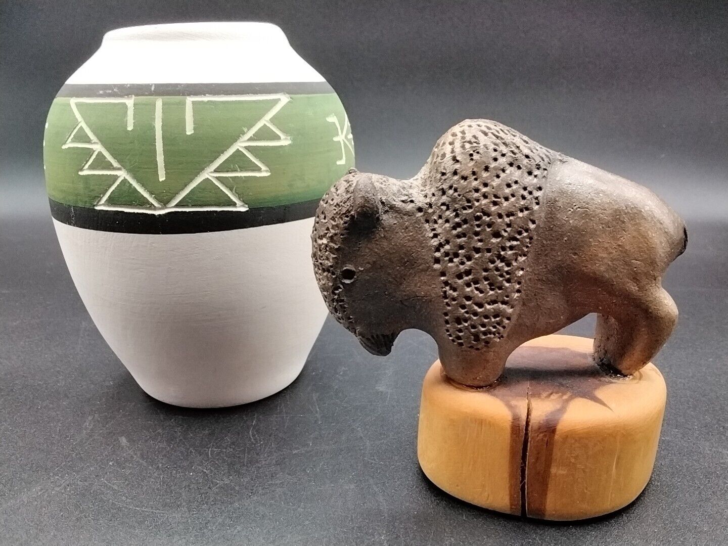 2003 Taos Pueblo Native American The Buffalo Micaceous Pottery on Wood Signed + 