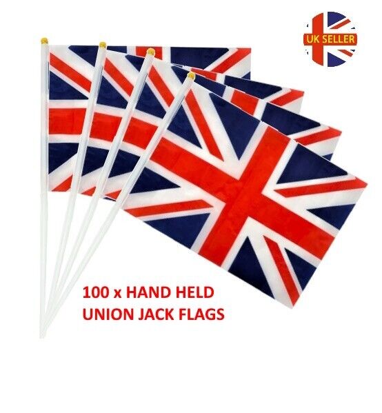100 x UNION JACK FLAG HAND HELD WAVING FLAGS STREET GARDEN PARTY MARCH JOBLOT