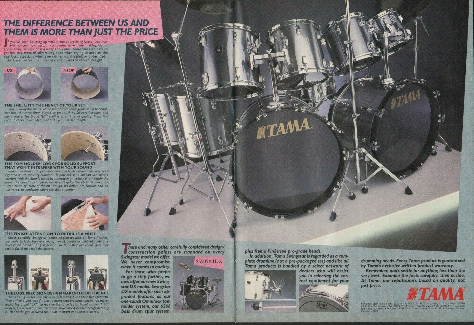 1986 2pg Print Ad of Tama Swingstar DX Model Drum Kit
