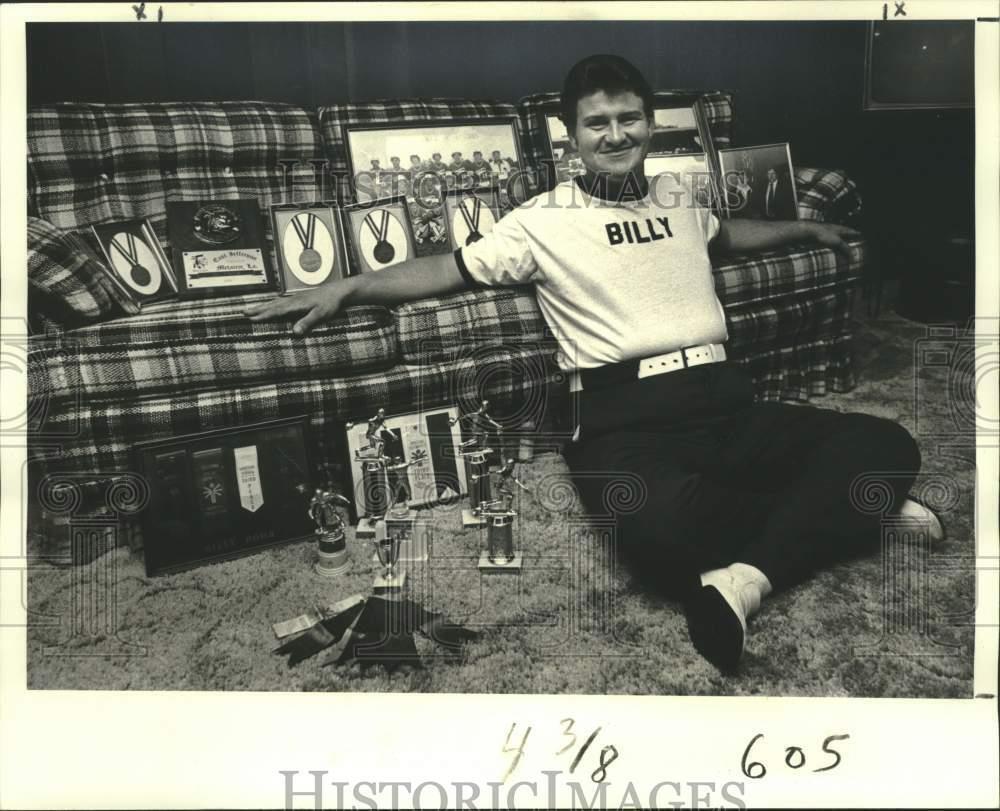 1981 Press Photo Billy Rohr, 21, Poses With School Awards, Bowling Trophies