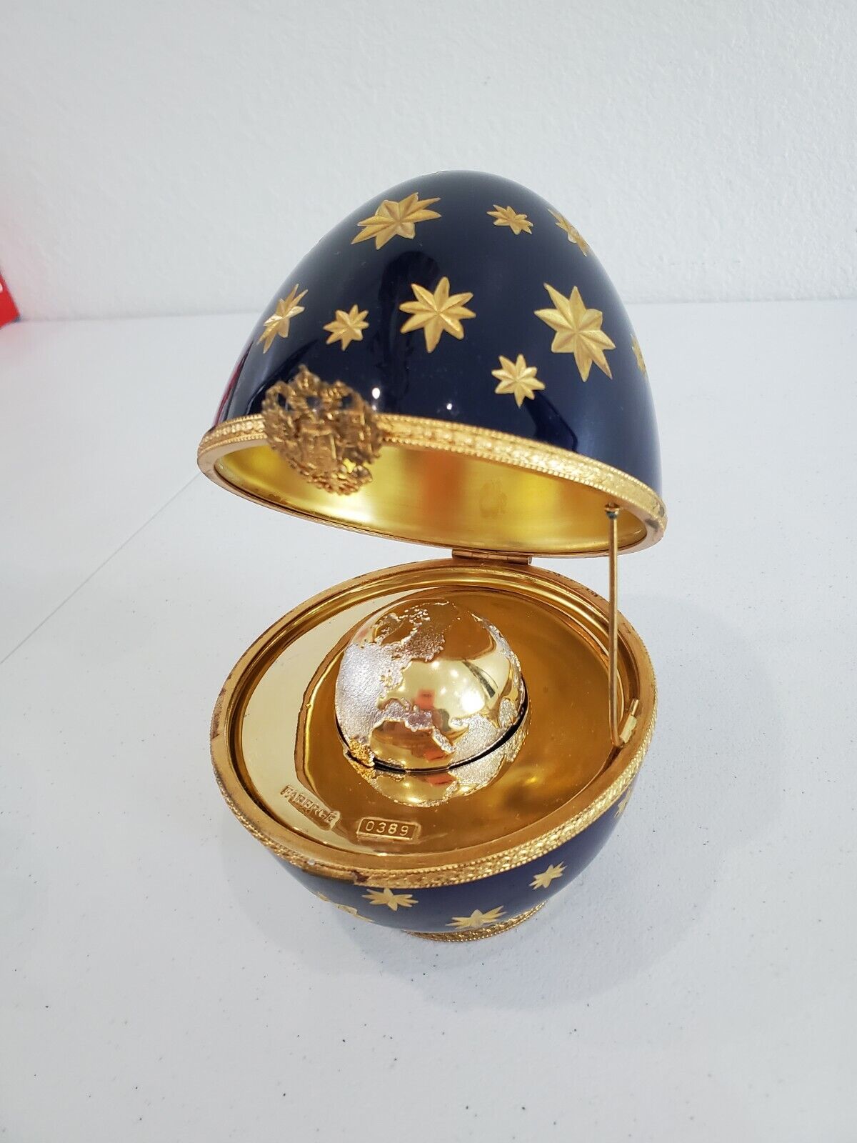  FABERGE LIMITED EDITION Navy Blue Gold Starburst EGG w/ Silver Gold Globe 6\