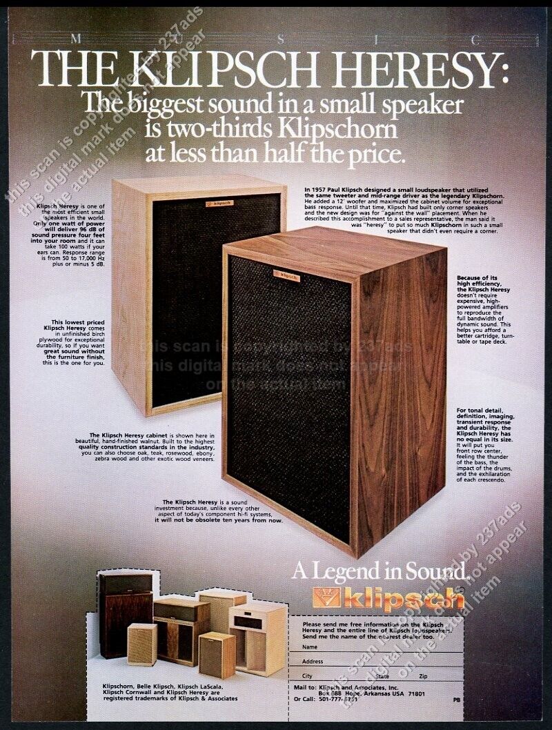 1980 Klipsch Heresy speakers photo vintage print ad