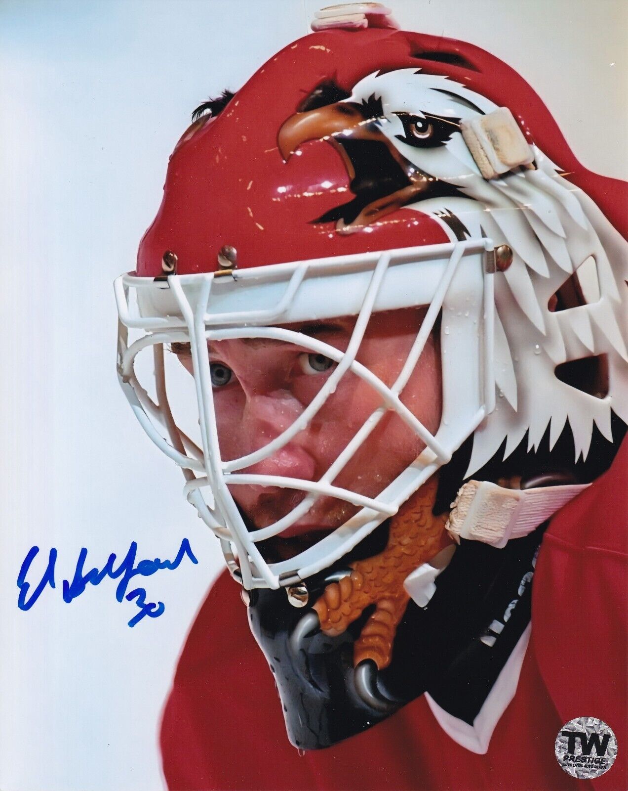 ED BELFOUR Autographed Photo (8 x 10) - Chicago Blackhawks Mask - TW PRESTIGE