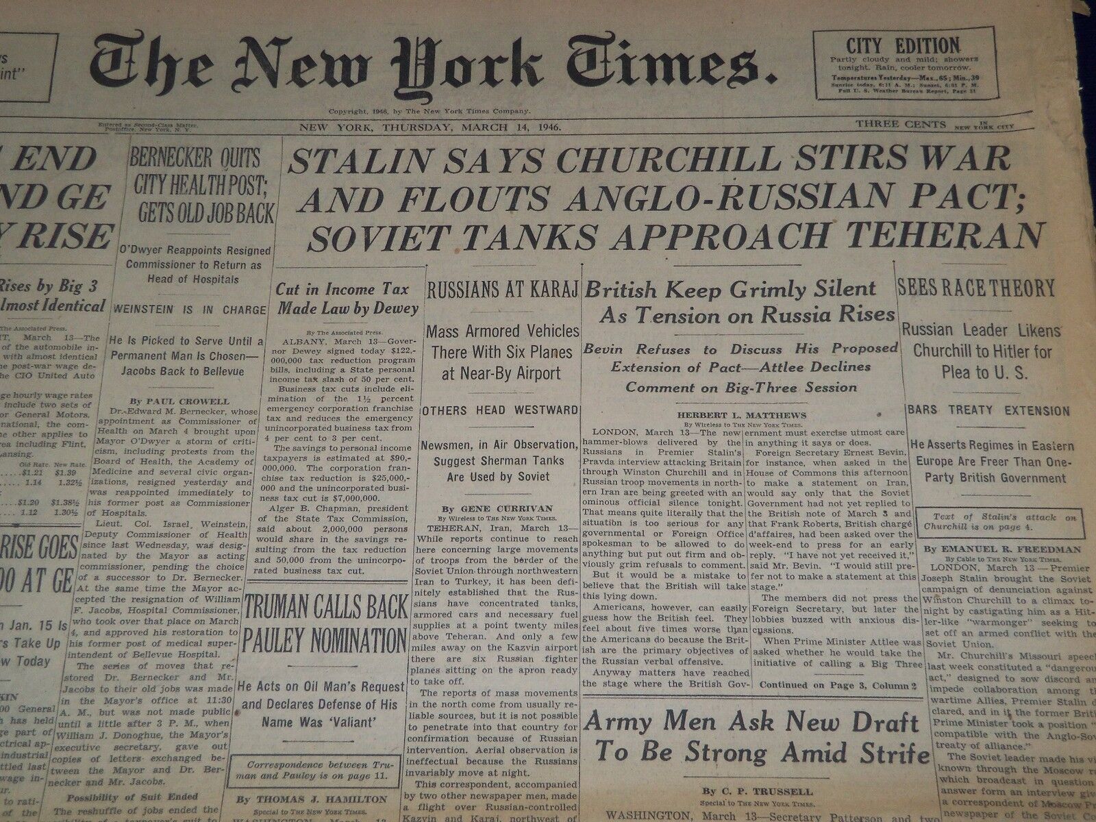 1946 MARCH 4 NEW YORK TIMES - STALIN SAYS CHURCHILL STIRS WAR - NT 880