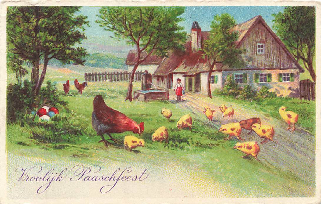 Vintage Chicks Chickens Peck Eat Farm Well Eggs Easter P156