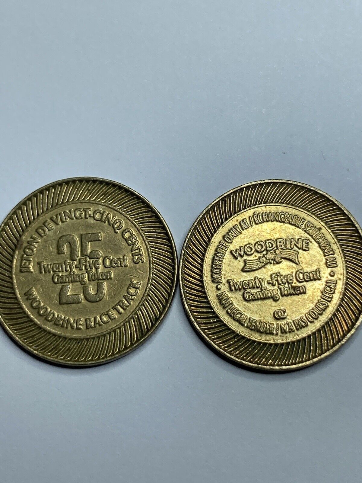 2 Vintage 25 Cent GAMING TOKENS WOODBINE RACE TRACK TORONTO, Ontario (#a2)