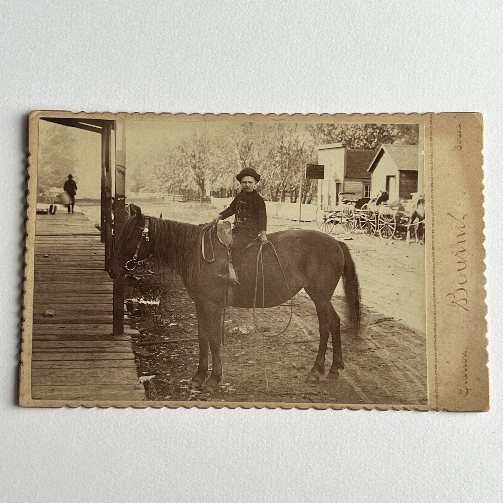 Antique Cabinet Card Photograph Sweet Little Boy On Horse Street View Clarion IA