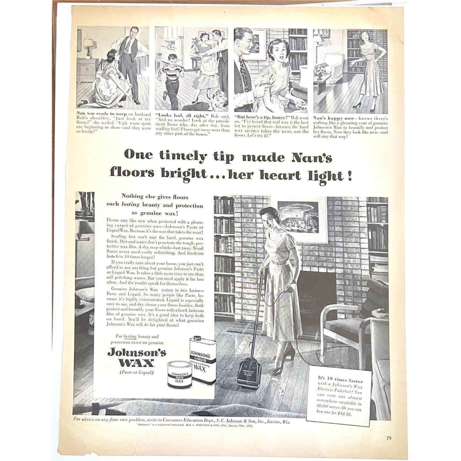 Vtg Johnson\'s Wax Print Ad 1956 Housewife Housekeeping Black White 1950s Decor