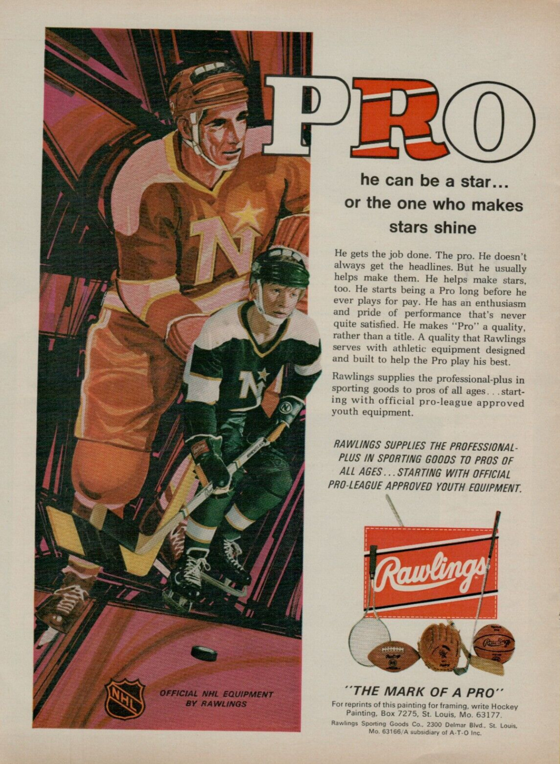 1970 Rawlings Pro-League Hockey Gear Supplies Equipment Youth VINTAGE PRINT AD