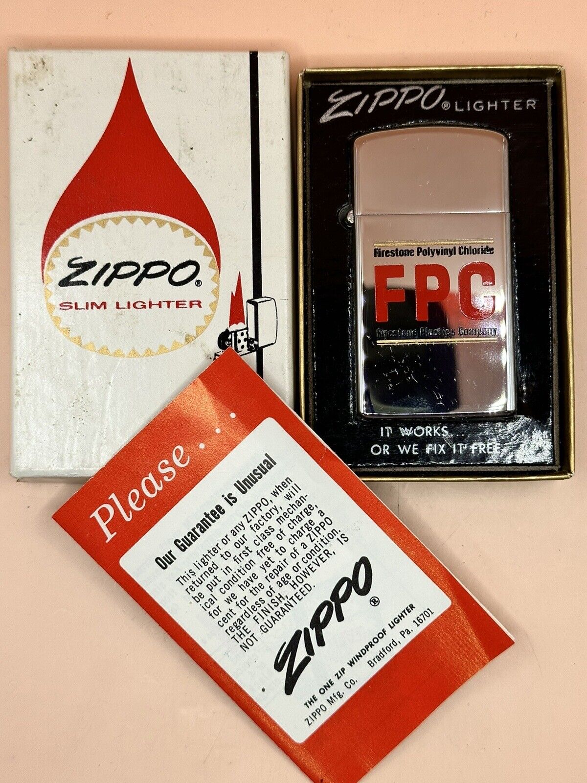 Vintage 1973 Firestone Polyvinyl Chloride High Polish Chrome Slim Zippo Lighter