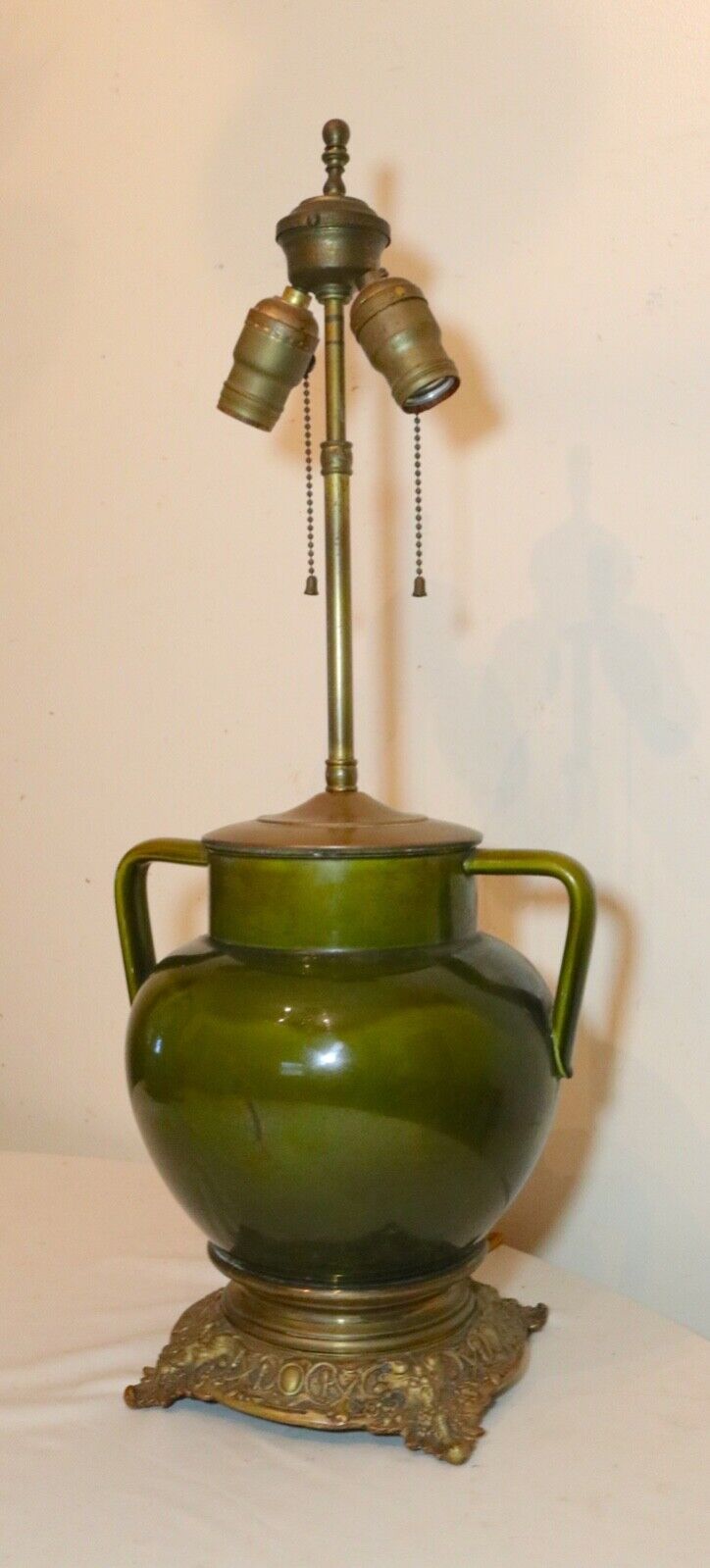 antique ornate green glazed pottery bronze brass figural electric table lamp