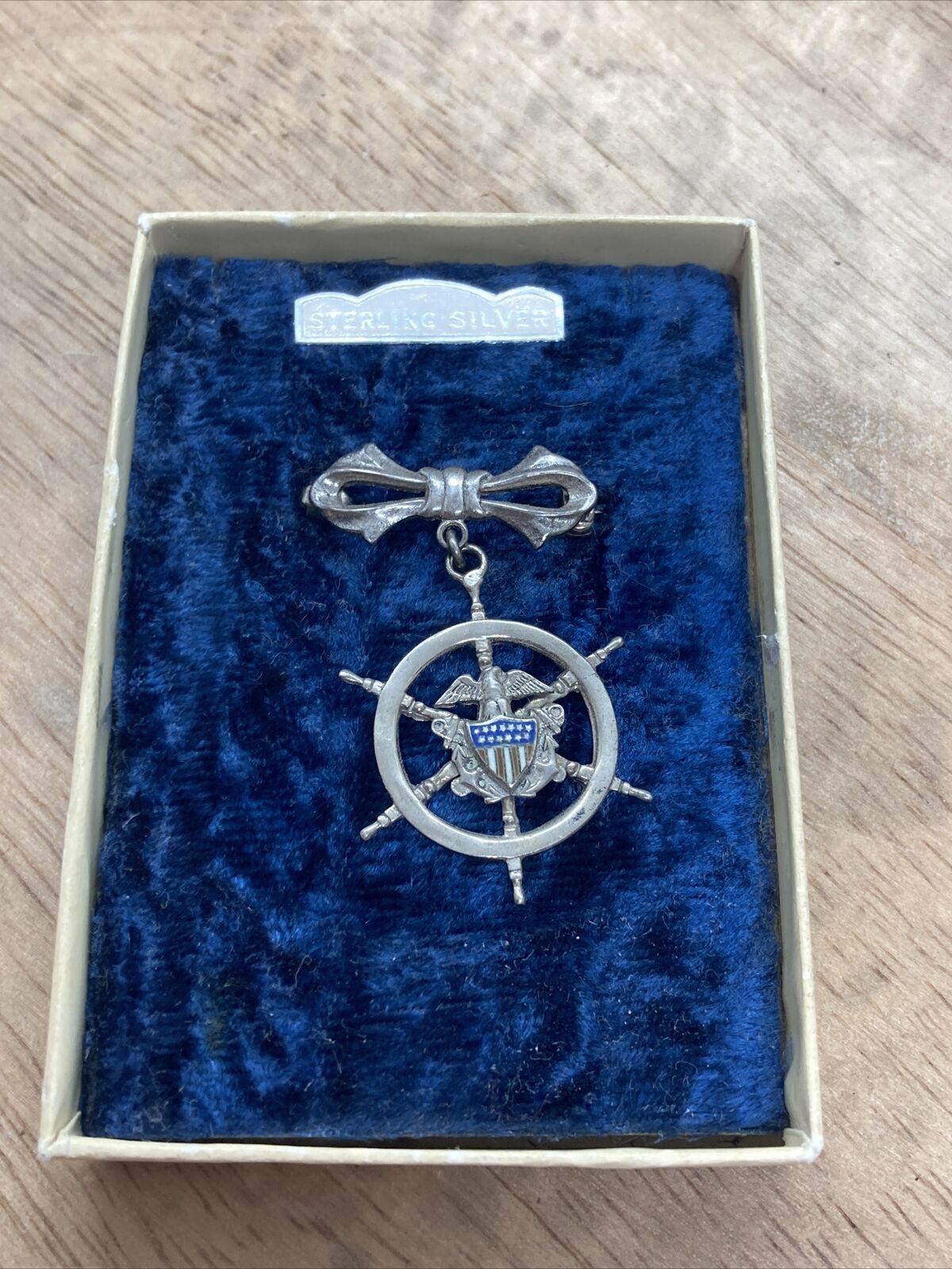 Original Early WWI US Navy Eagle Helm Enamel Sterling Silver Pendant Pin Medal