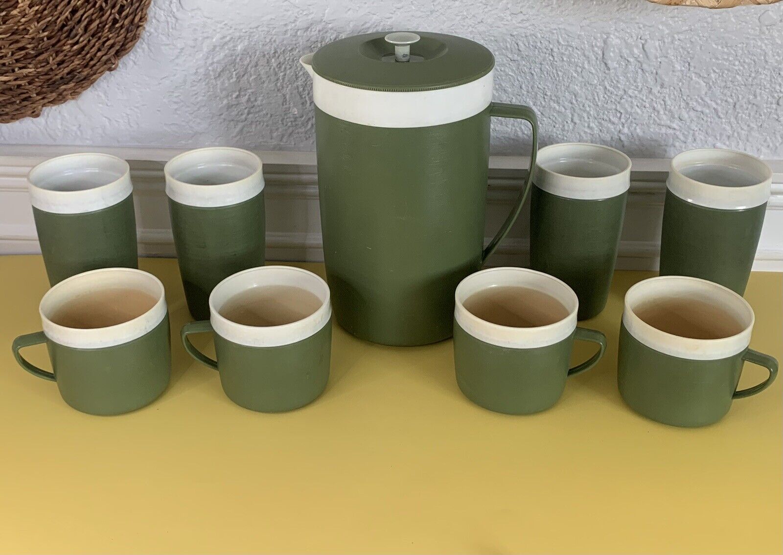 Vintage Lot x 9 Royal Satin Therm-O-Ware Coffee Cup Pitcher Green Mid Century