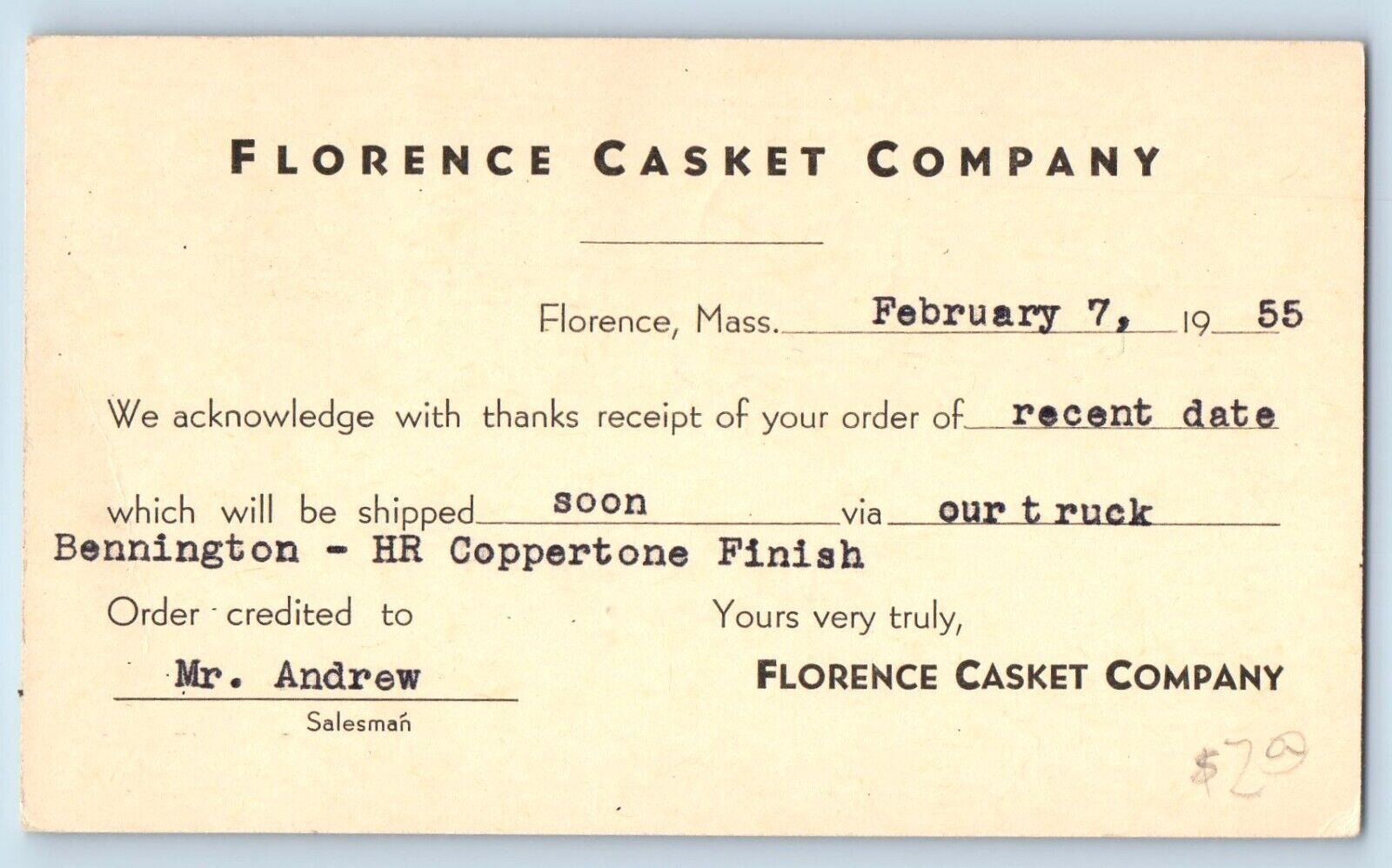 Northampton Massachusetts MA Postcard Florence Casket Company Mortuary 1955